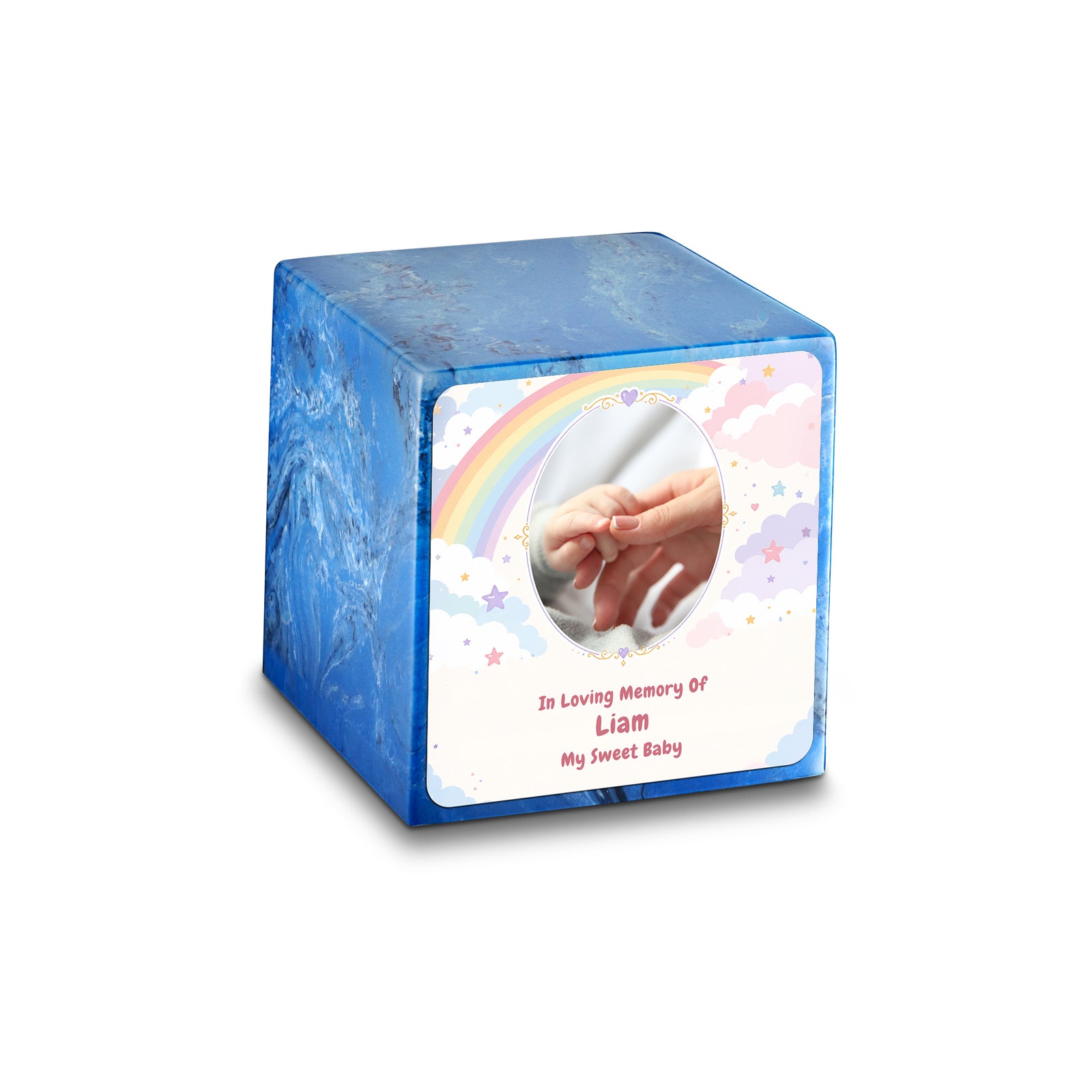 Small Cube Rainbow and Clouds Mystic Blue Cultured Marble Child Cremation Urn by MacKenzie