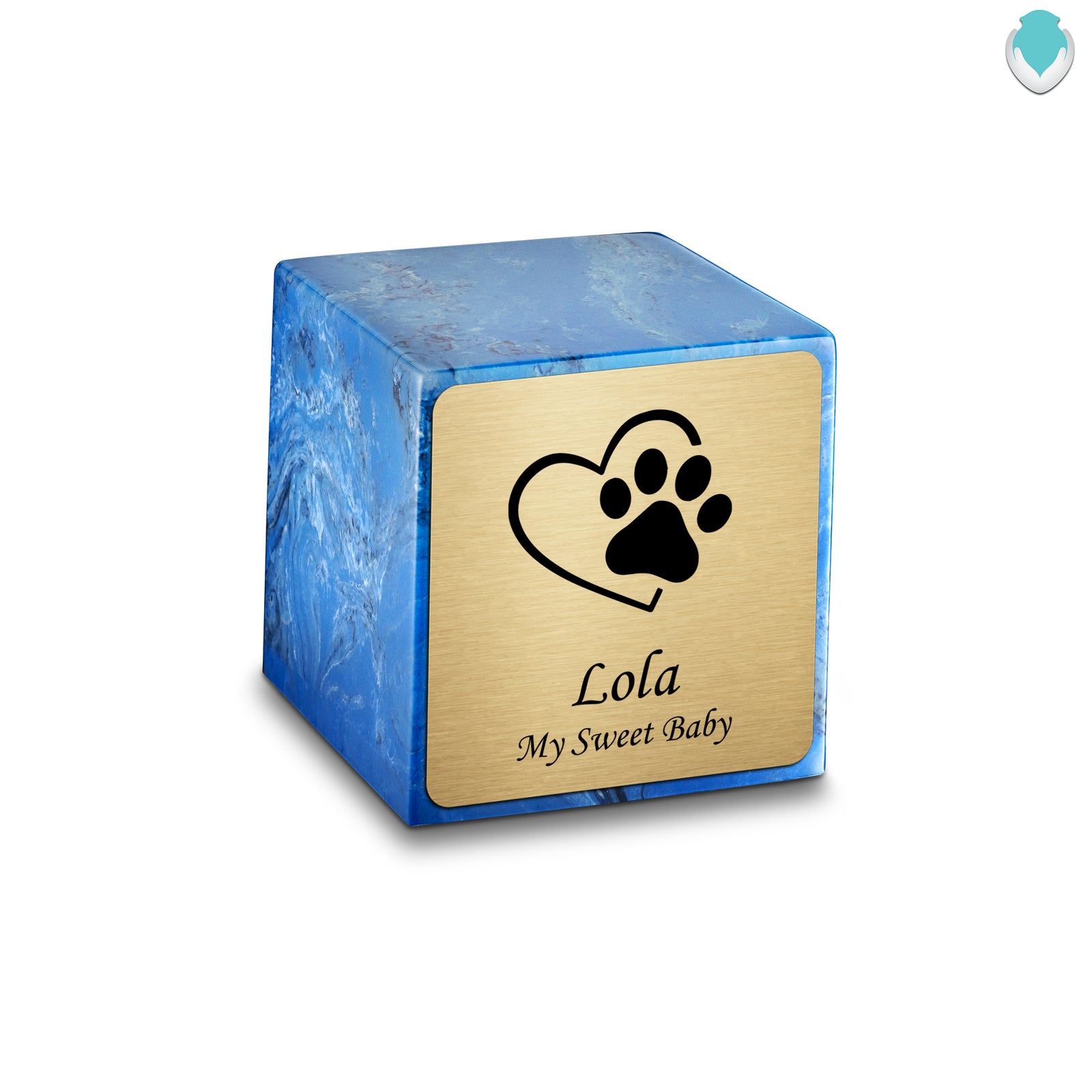 Small Cube Single Heart Paw Mystic Blue Cultured Marble Pet Cremation Urn by MacKenzie