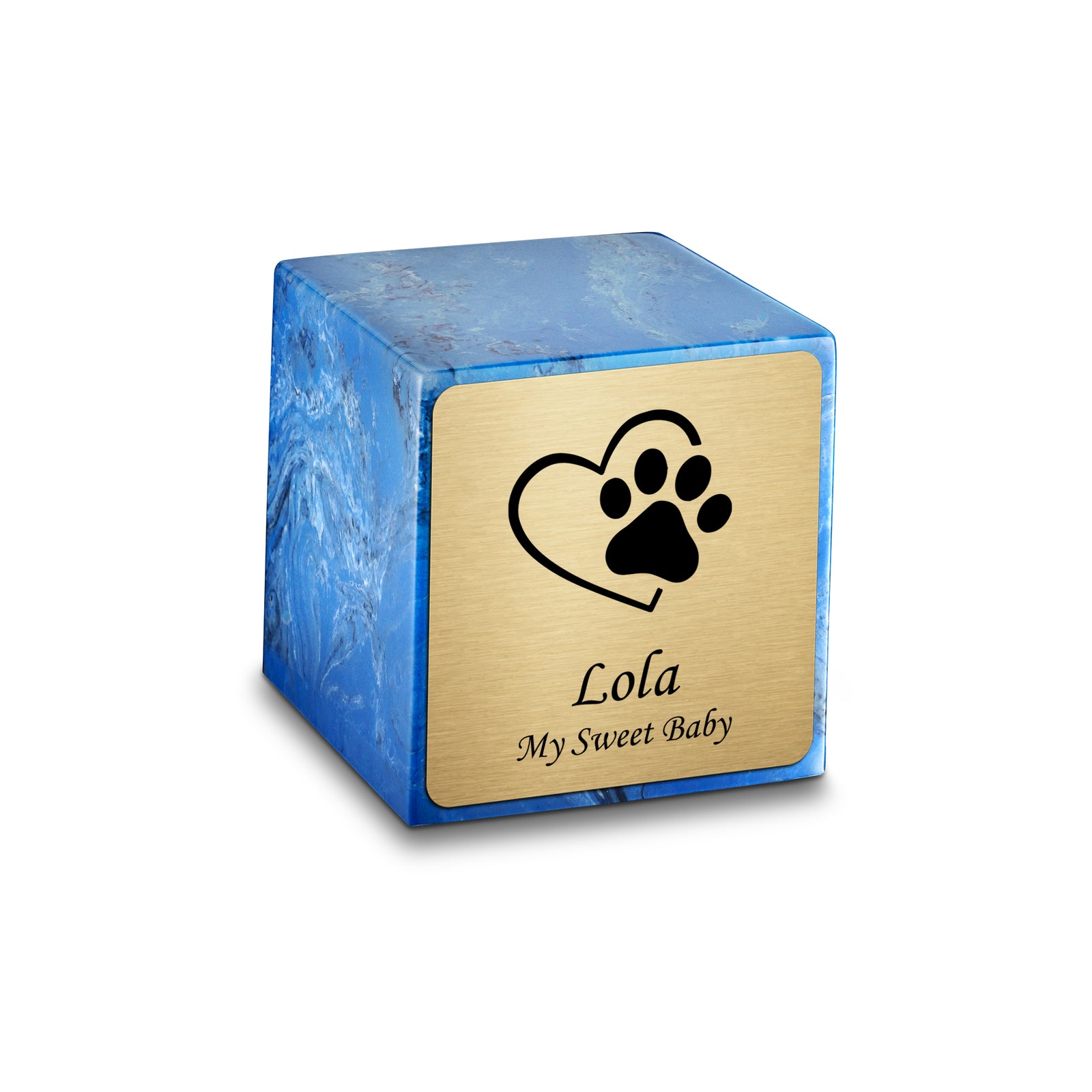 Small Cube Single Heart Paw Mystic Blue Cultured Marble Pet Cremation Urn by MacKenzie
