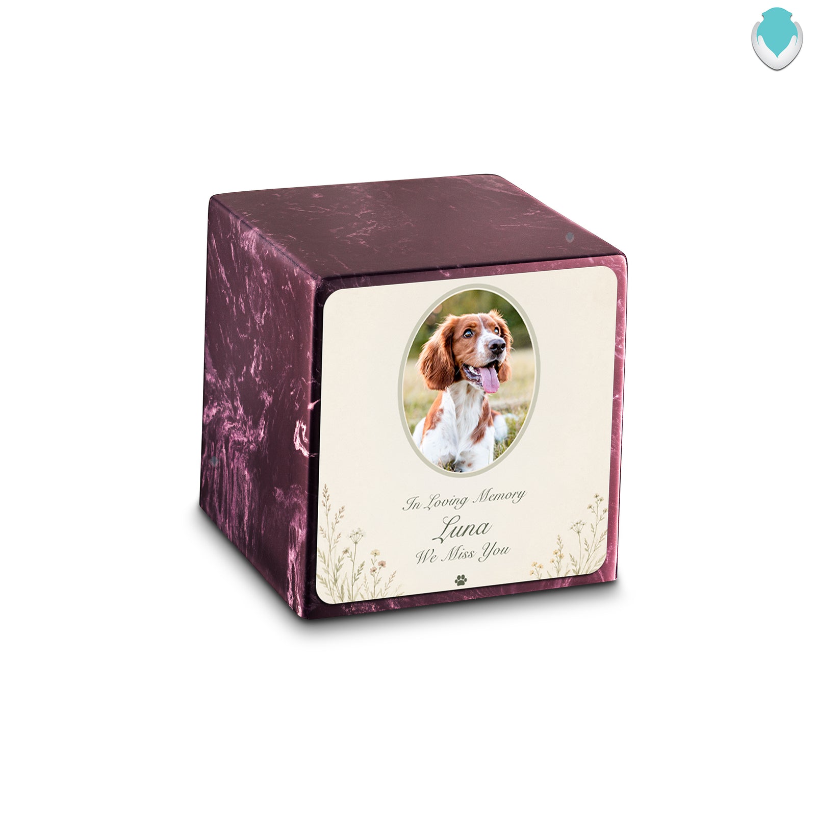 Small Cube Pet Portrait Tribute Merlot Cultured Marble Pet Cremation Urn by MacKenzie