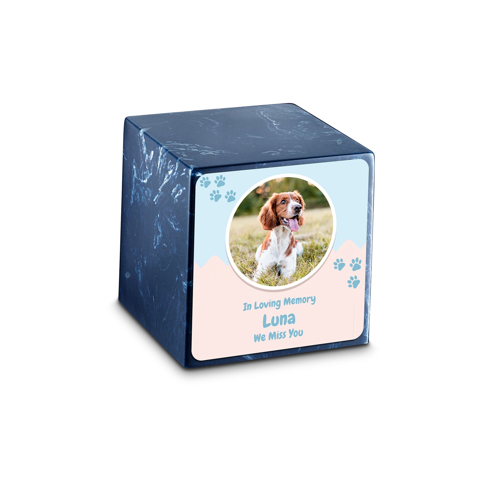 Small Cube Pet Portrait Navy Cultured Marble Pet Cremation Urn by MacKenzie