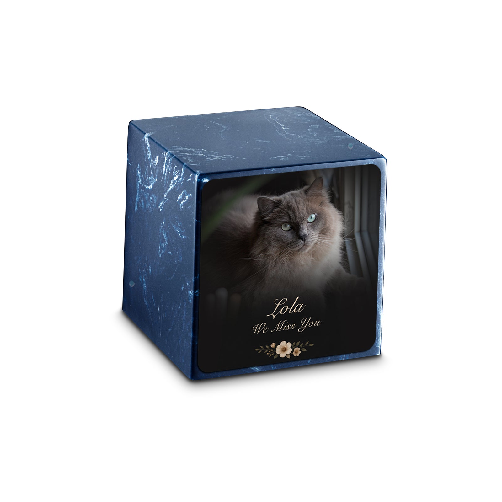 Small Cube Pet Portrait Photo Navy Cultured Marble Pet Cremation Urn by MacKenzie