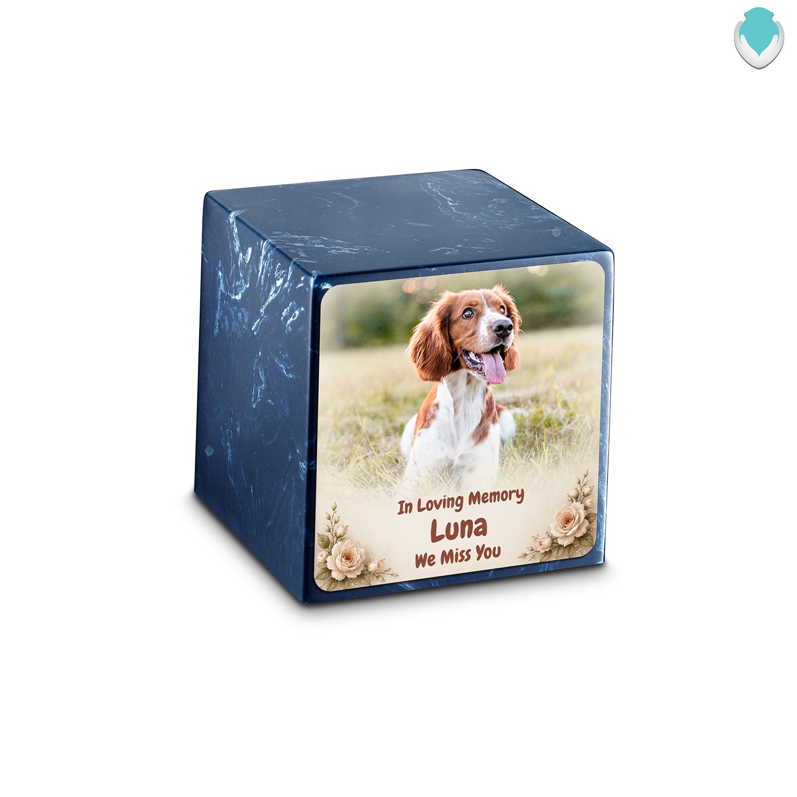 Small Cube Personalized Pet Photo Navy Cultured Marble Pet Cremation Urn by MacKenzie