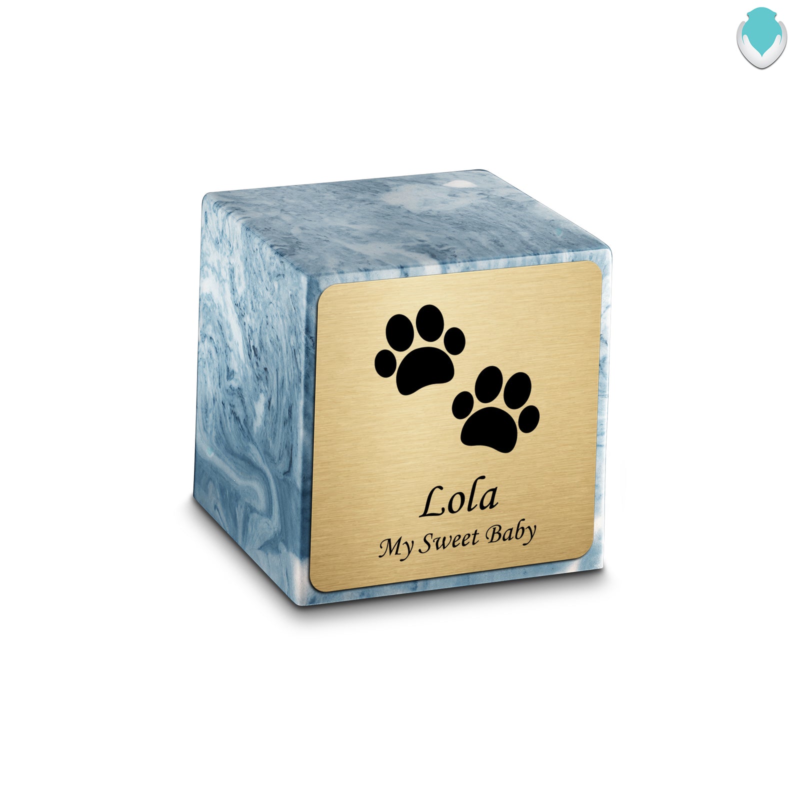 Small Cube Walking Paws Sky Blue Cultured Marble Pet Cremation Urn by MacKenzie
