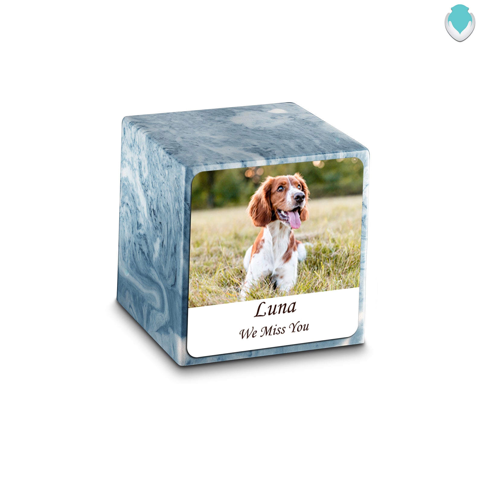 Small Cube Custom Pet Photo Sky Blue Cultured Marble Pet Cremation Urn by MacKenzie