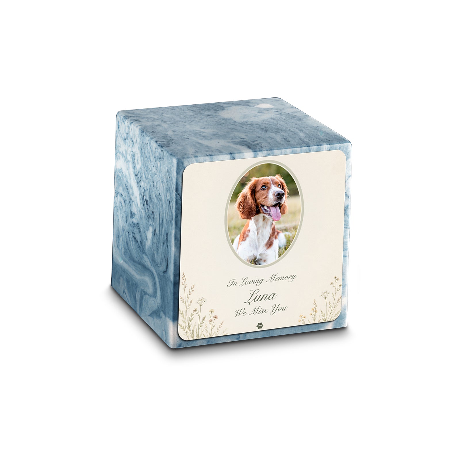 Small Cube Pet Portrait Tribute Sky Blue Cultured Marble Pet Cremation Urn by MacKenzie