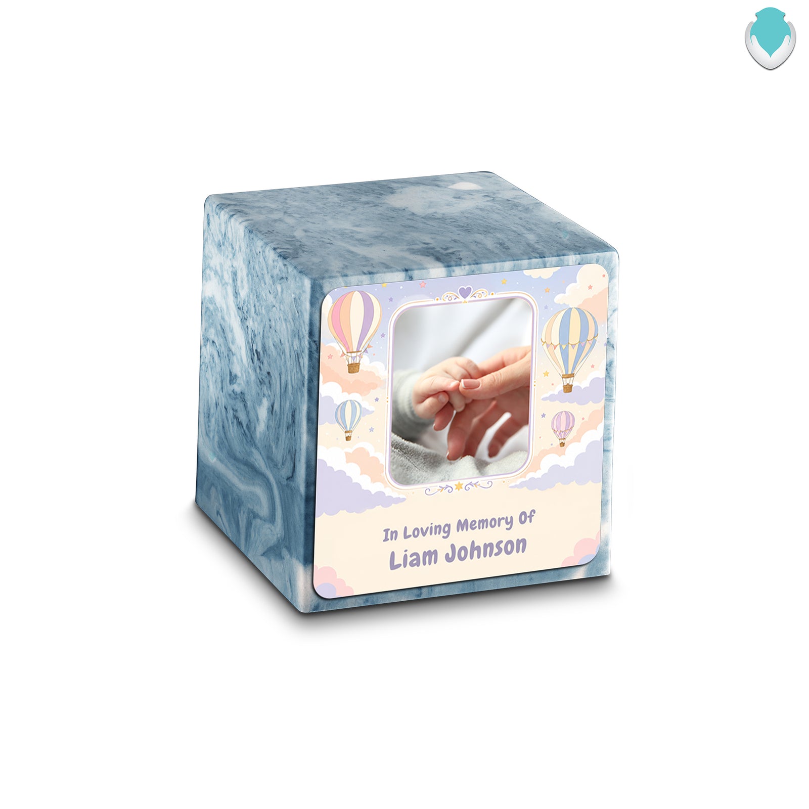 Small Cube Hot Air Balloons Sky Blue Cultured Marble Child Cremation Urn by MacKenzie