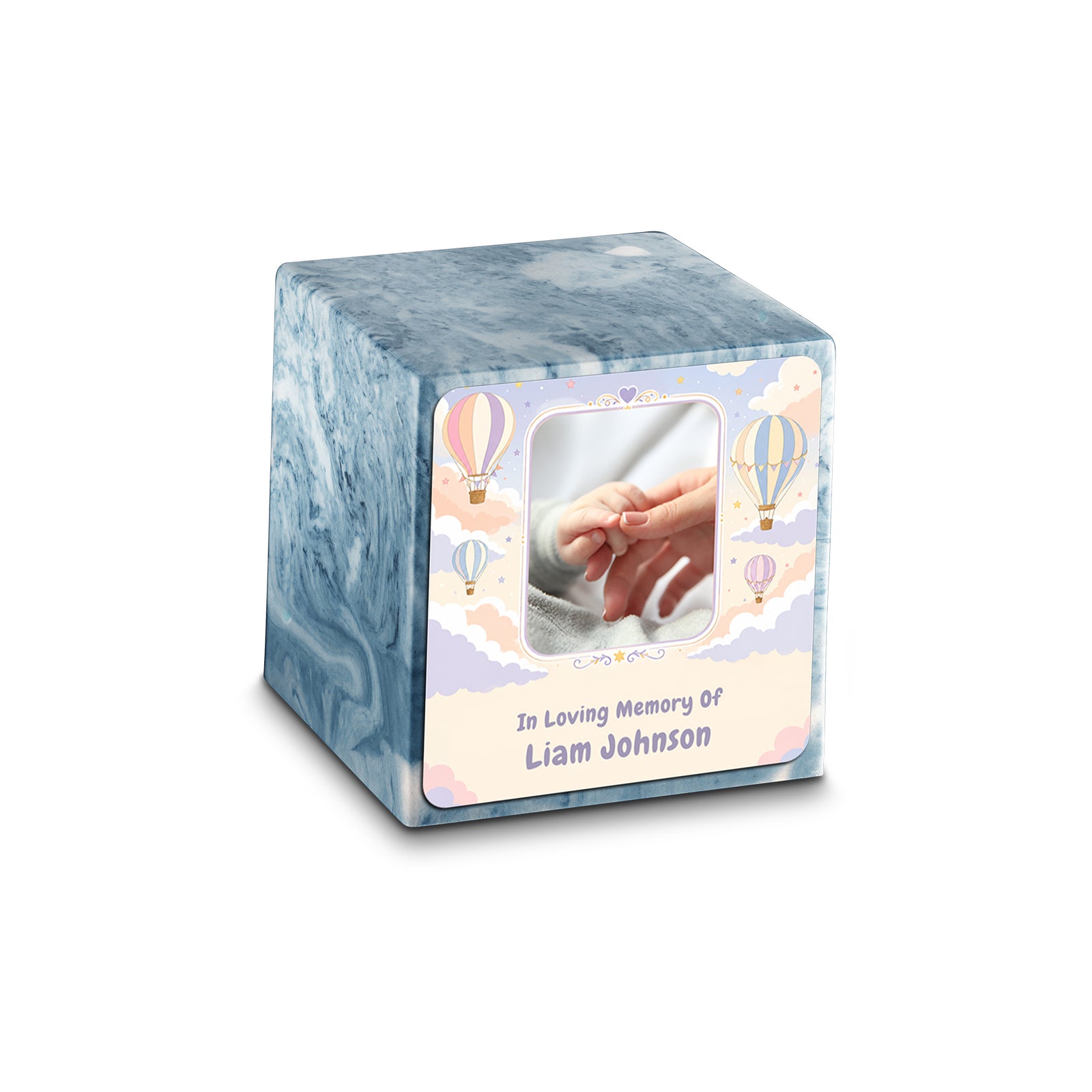 Small Cube Hot Air Balloons Sky Blue Cultured Marble Child Cremation Urn by MacKenzie