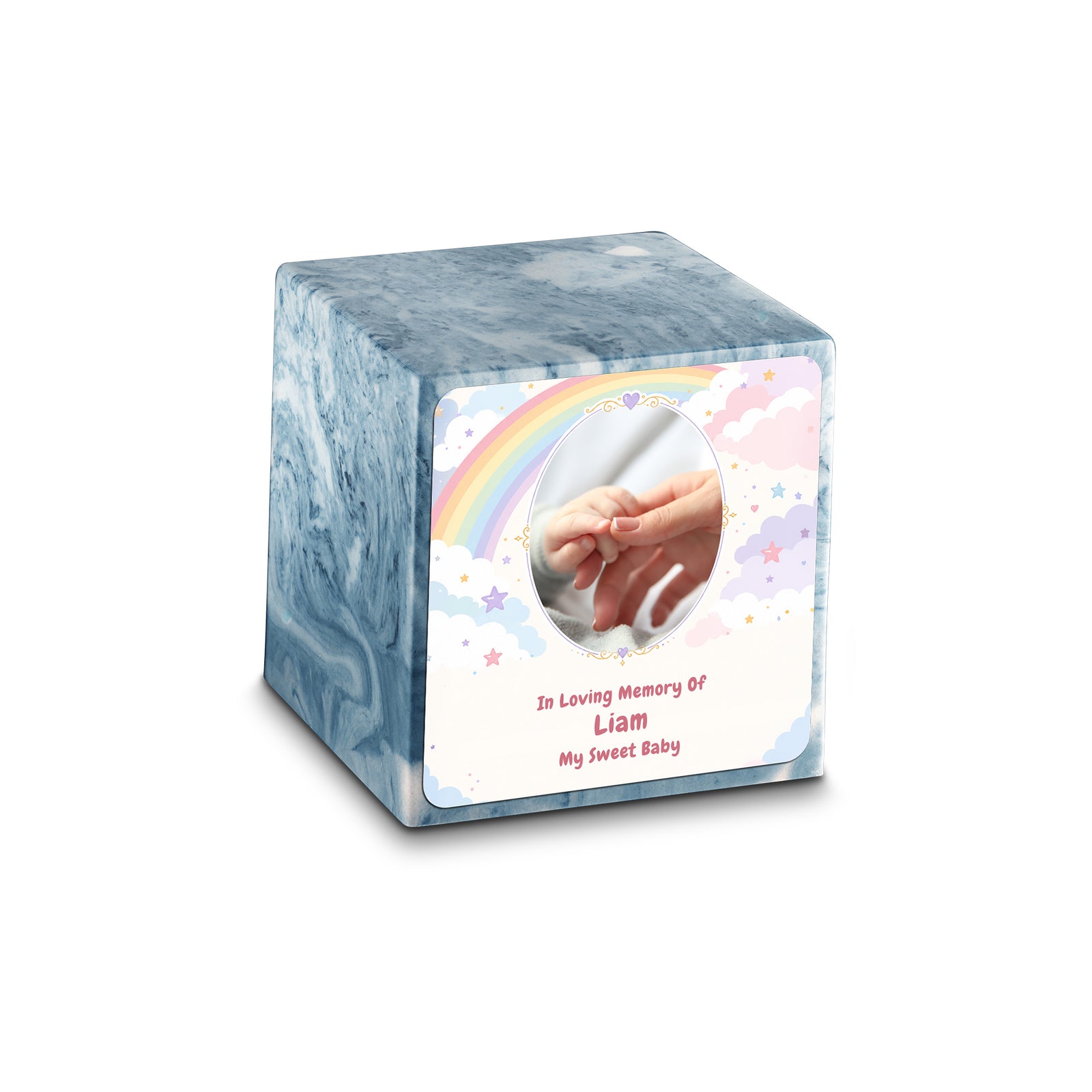 Small Cube Rainbow and Clouds Sky Blue Cultured Marble Child Cremation Urn by MacKenzie