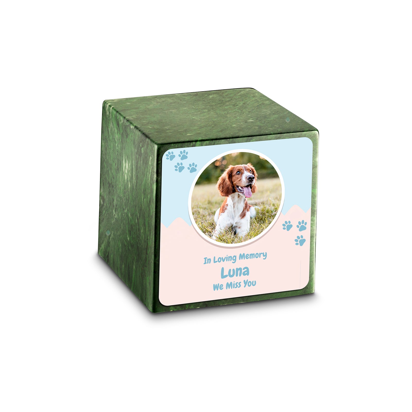 Small Cube Pet Portrait Verde Cultured Marble Pet Cremation Urn by MacKenzie