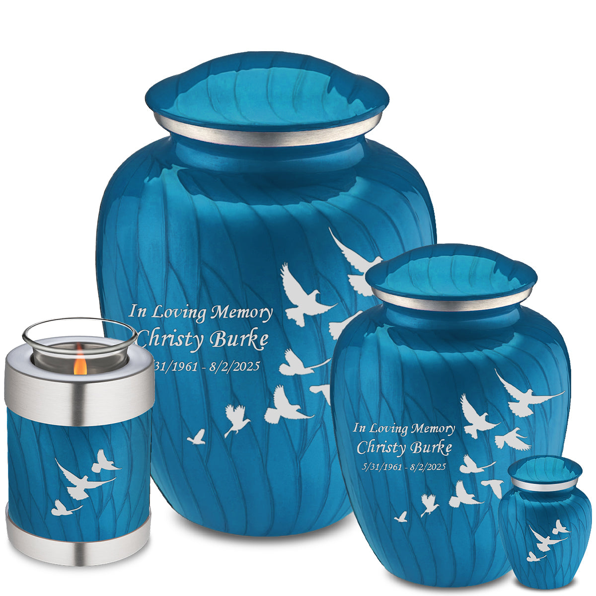 Medium Embrace Pearl Racing Blue Doves Cremation Urn