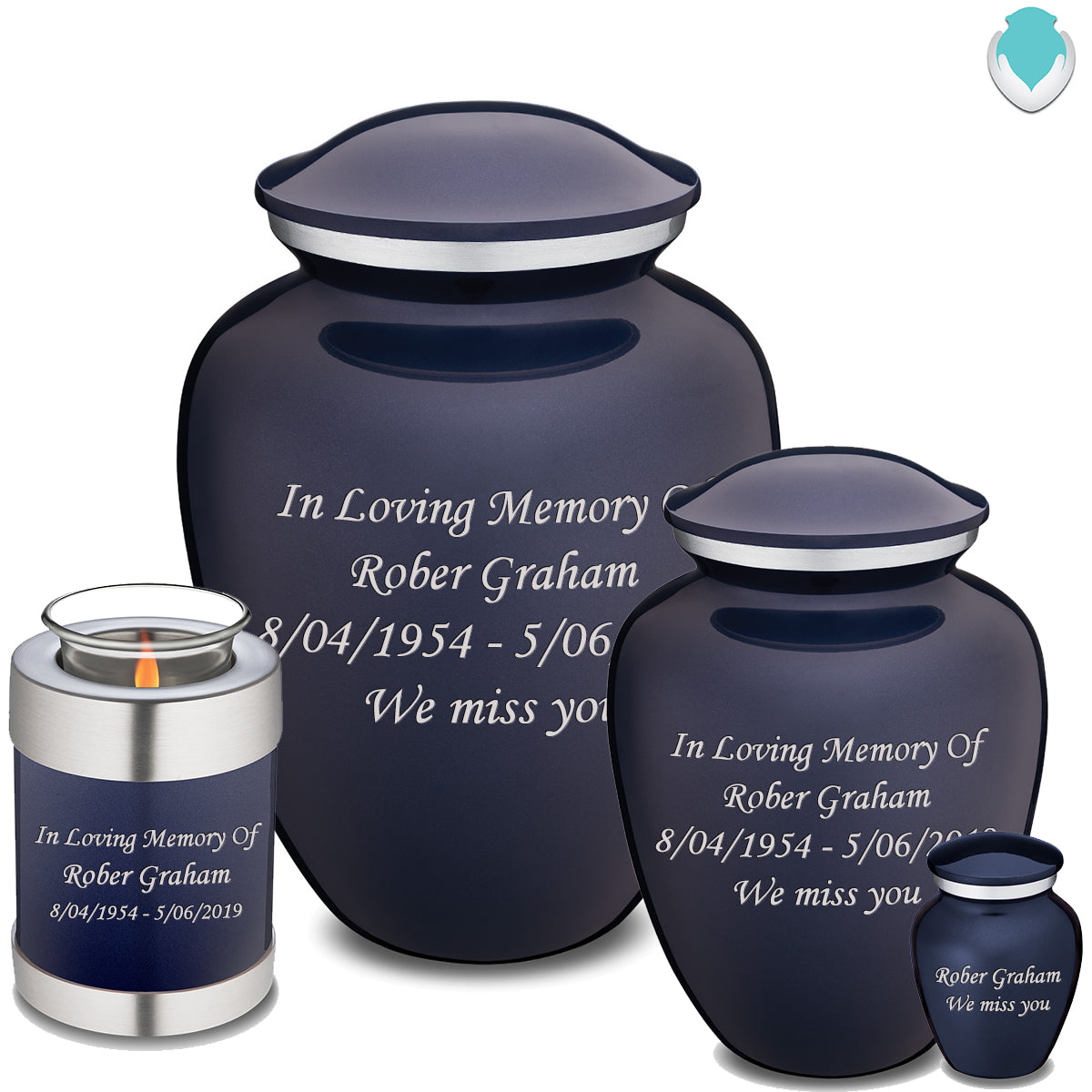 Candle Holder Embrace Cobalt Blue Custom Engraved Text Cremation Urn