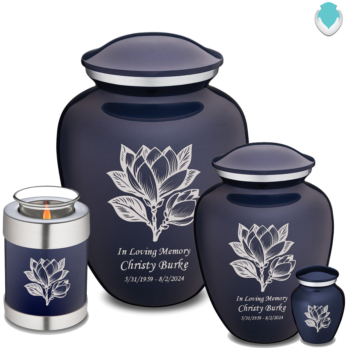 Medium Embrace Cobalt Blue Magnolia Flower Cremation Urn