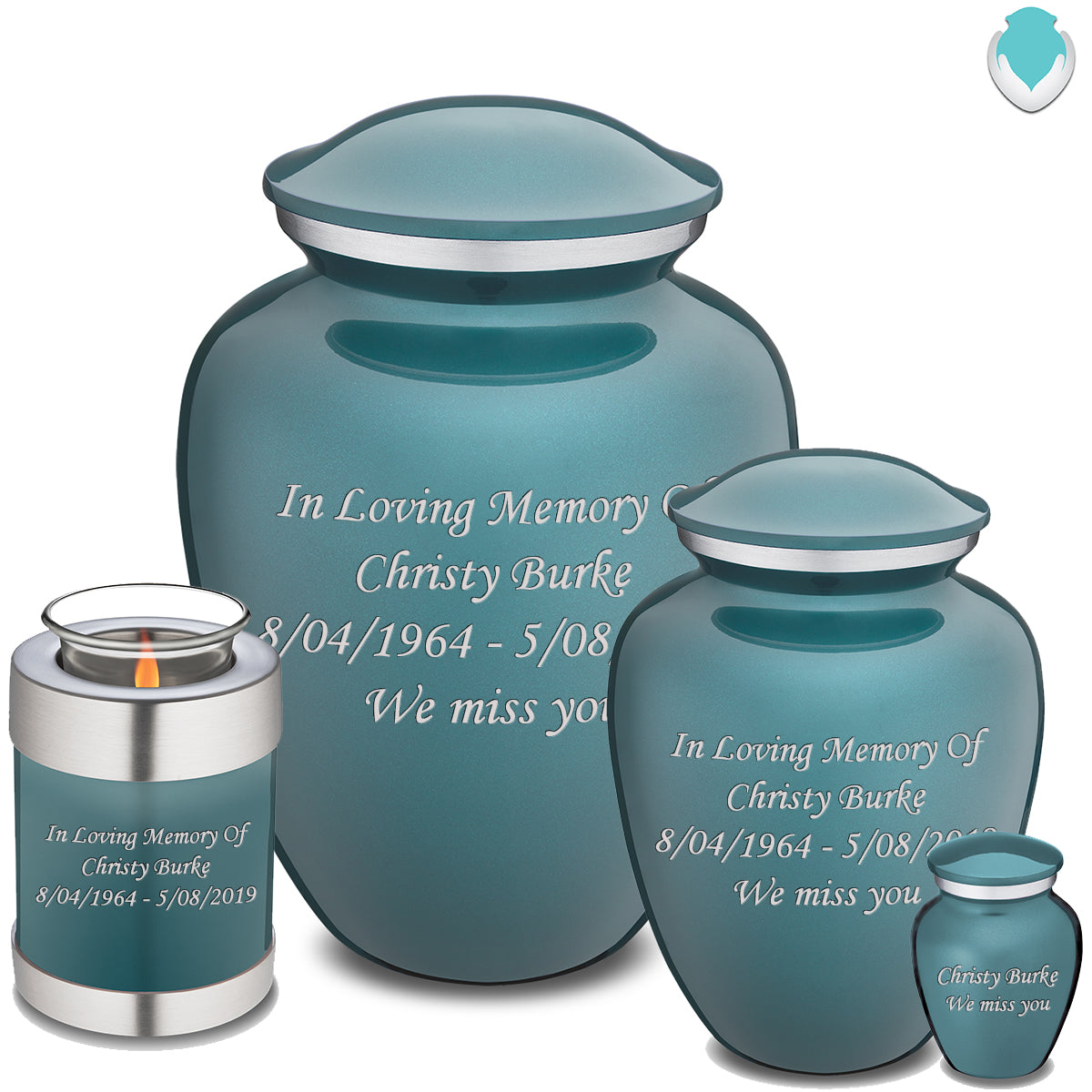 Candle Holder Embrace Teal Custom Engraved Text Cremation Urn