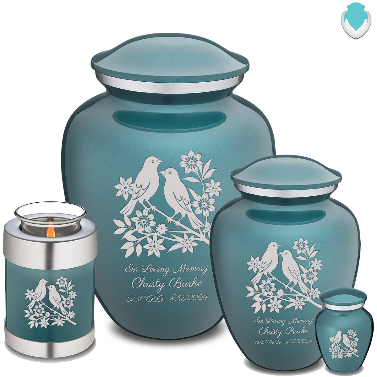 Medium Embrace Teal Songbirds Cremation Urn