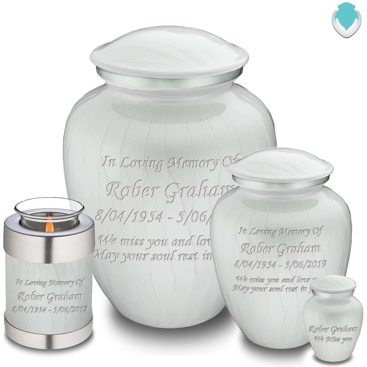 Candle Holder Embrace Pearl White Custom Engraved Text Cremation Urn
