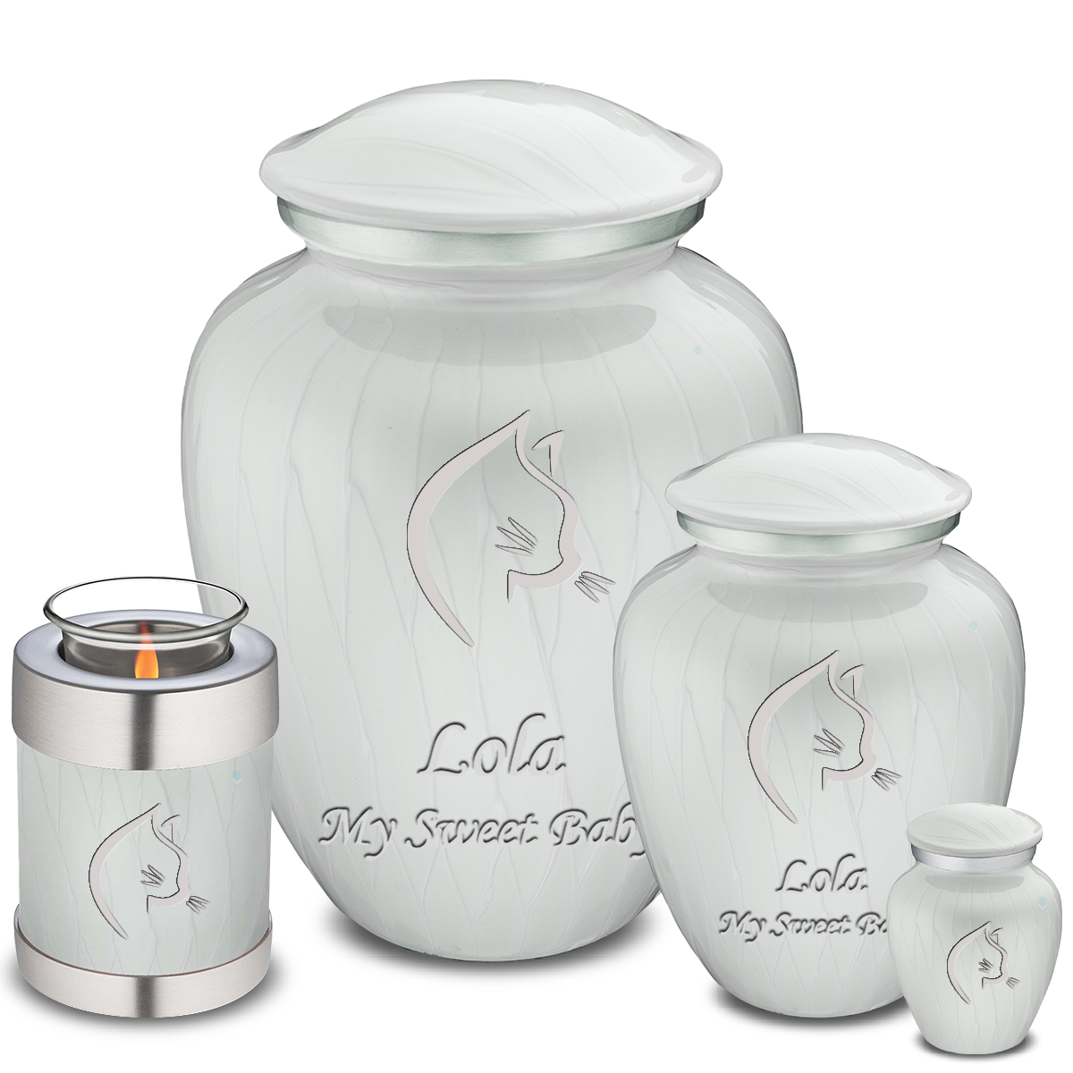 Medium Embrace Pearl White Cat Pet Cremation Urn