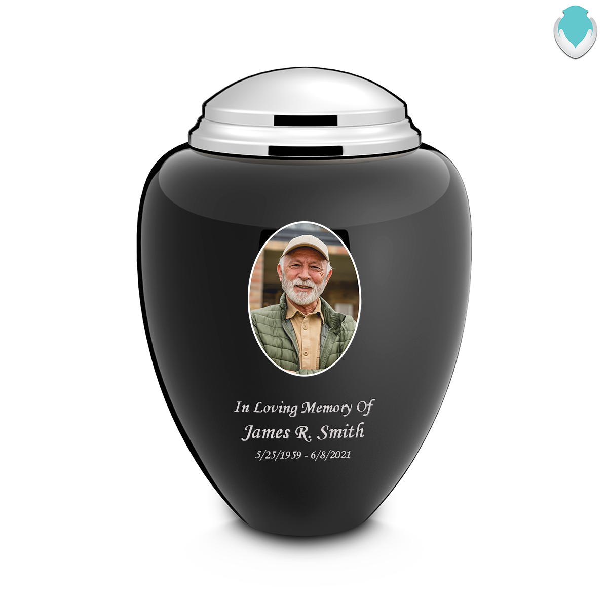 Adult Tribute Black & Shiny Pewter Portrait Cremation Urn