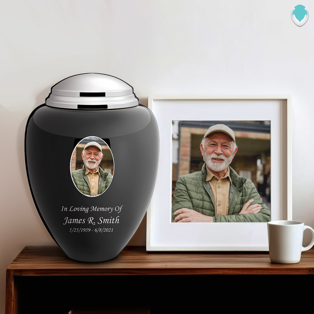 Adult Tribute Black & Shiny Pewter Portrait Cremation Urn