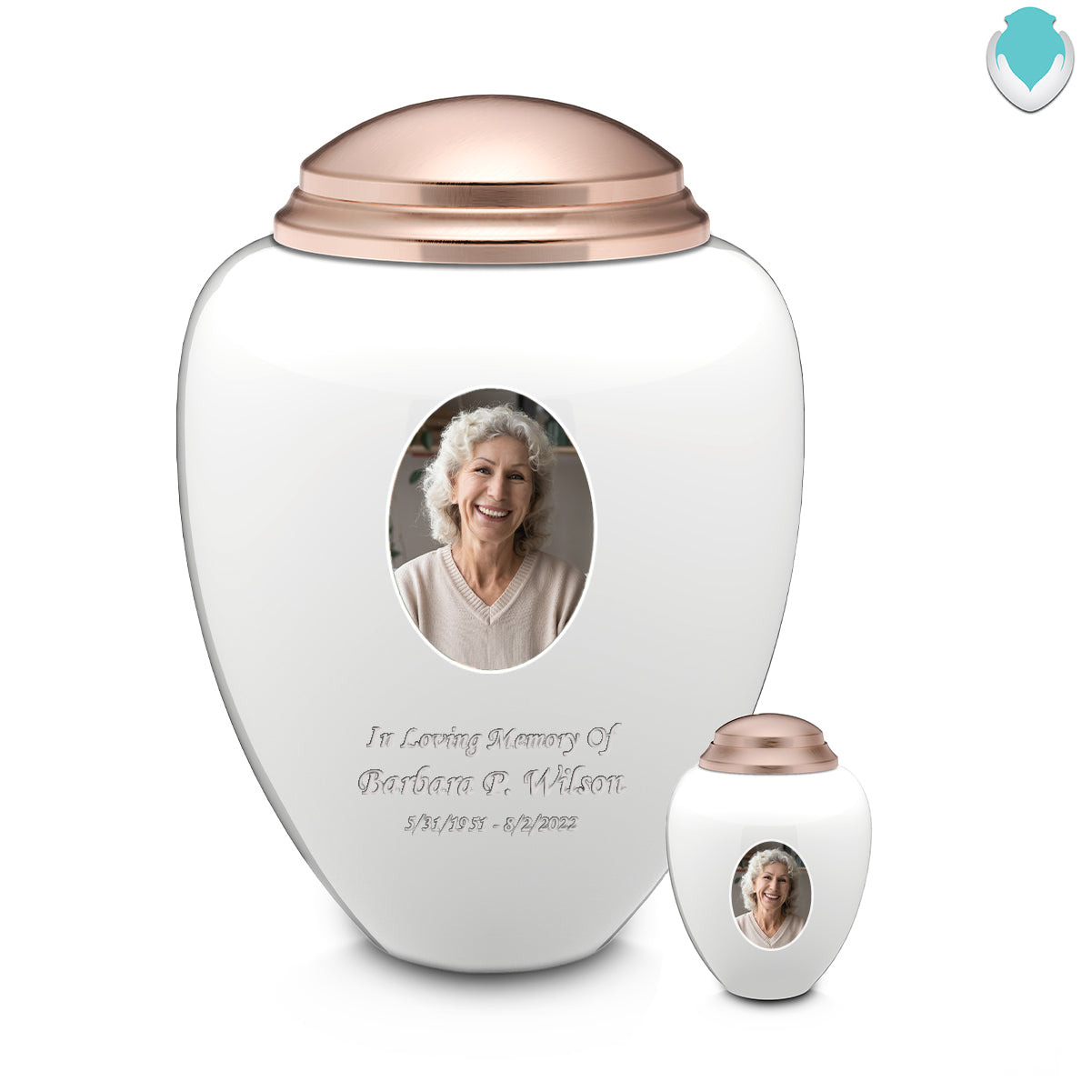 Keepsake Tribute White & Rose Gold Portrait Cremation Urn