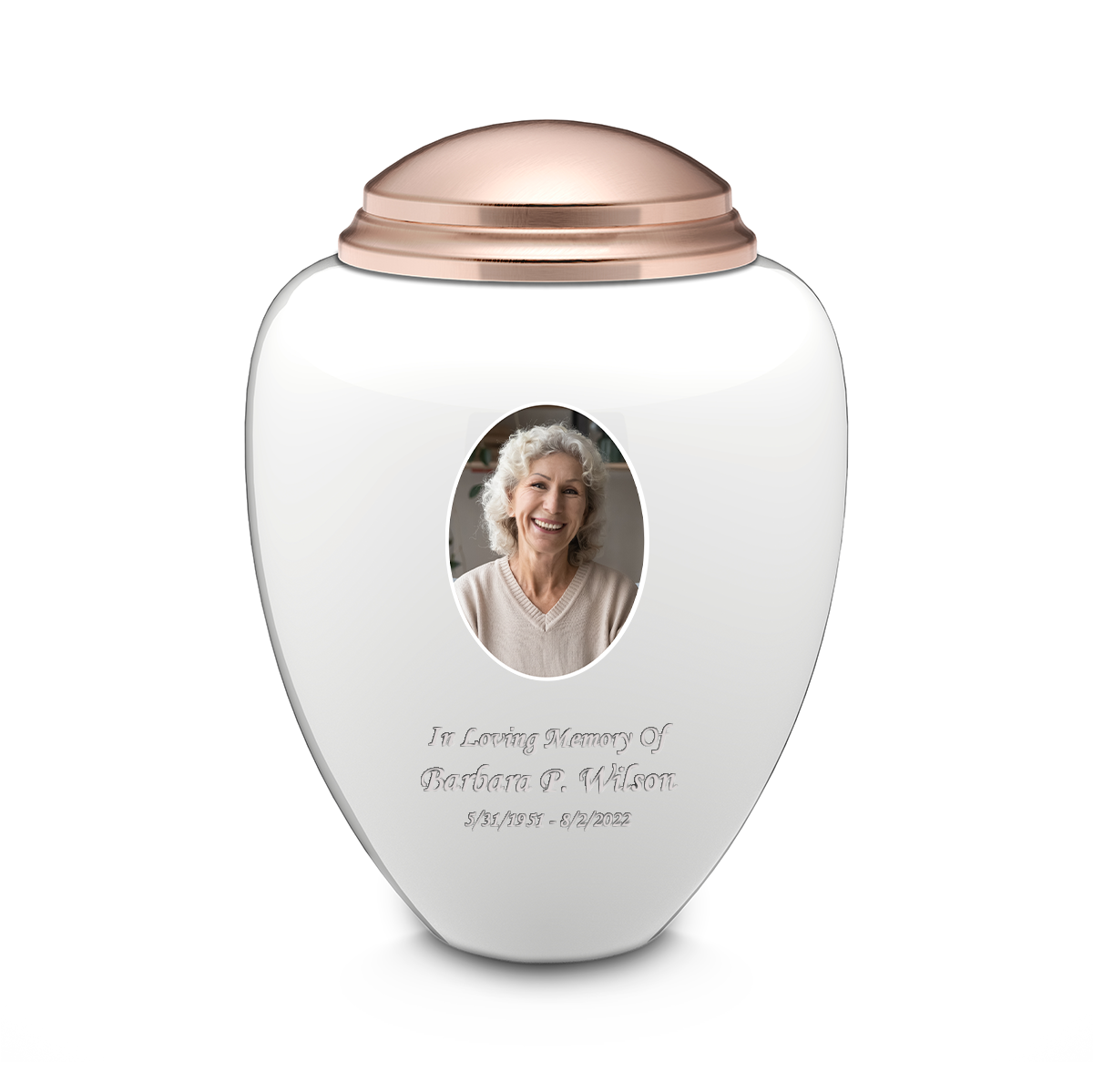 Adult Tribute White & Rose Gold Portrait Cremation Urn