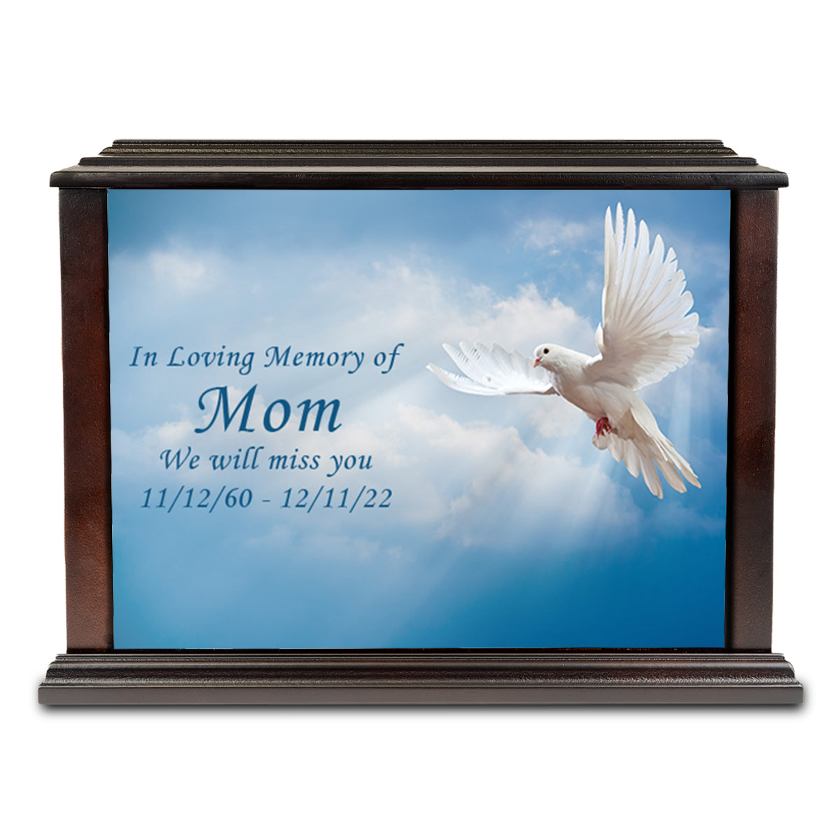 Custom Printed Heritage Everlasting Expressions Dove Wood Box Cremation Urn