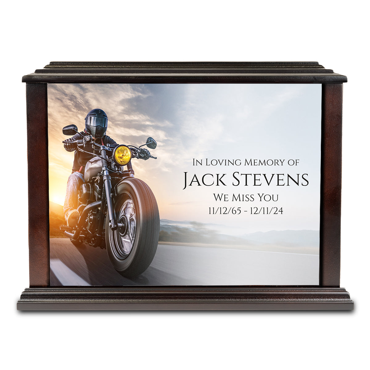 Custom Printed Heritage Everlasting Expressions Motorcycle Wood Box Cremation Urn