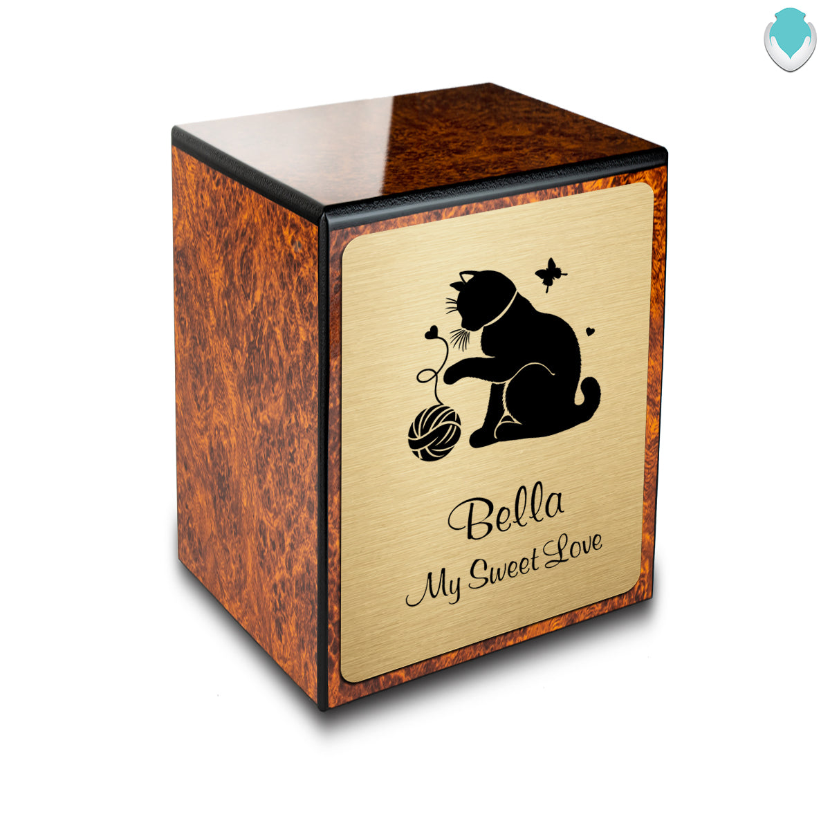Custom Engraved Heritage Burl Fun Cat Small Pet Cremation Urn Memorial Box for Ashes