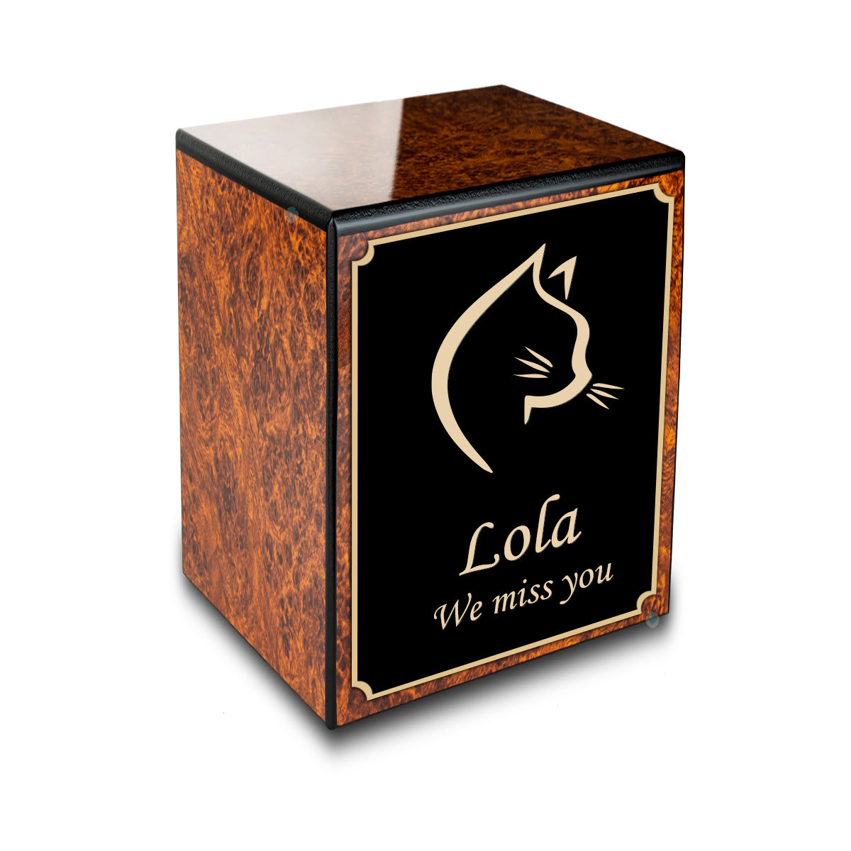 Custom Engraved Heritage Burl Cat Small Pet Cremation Urn Memorial Box for Ashes