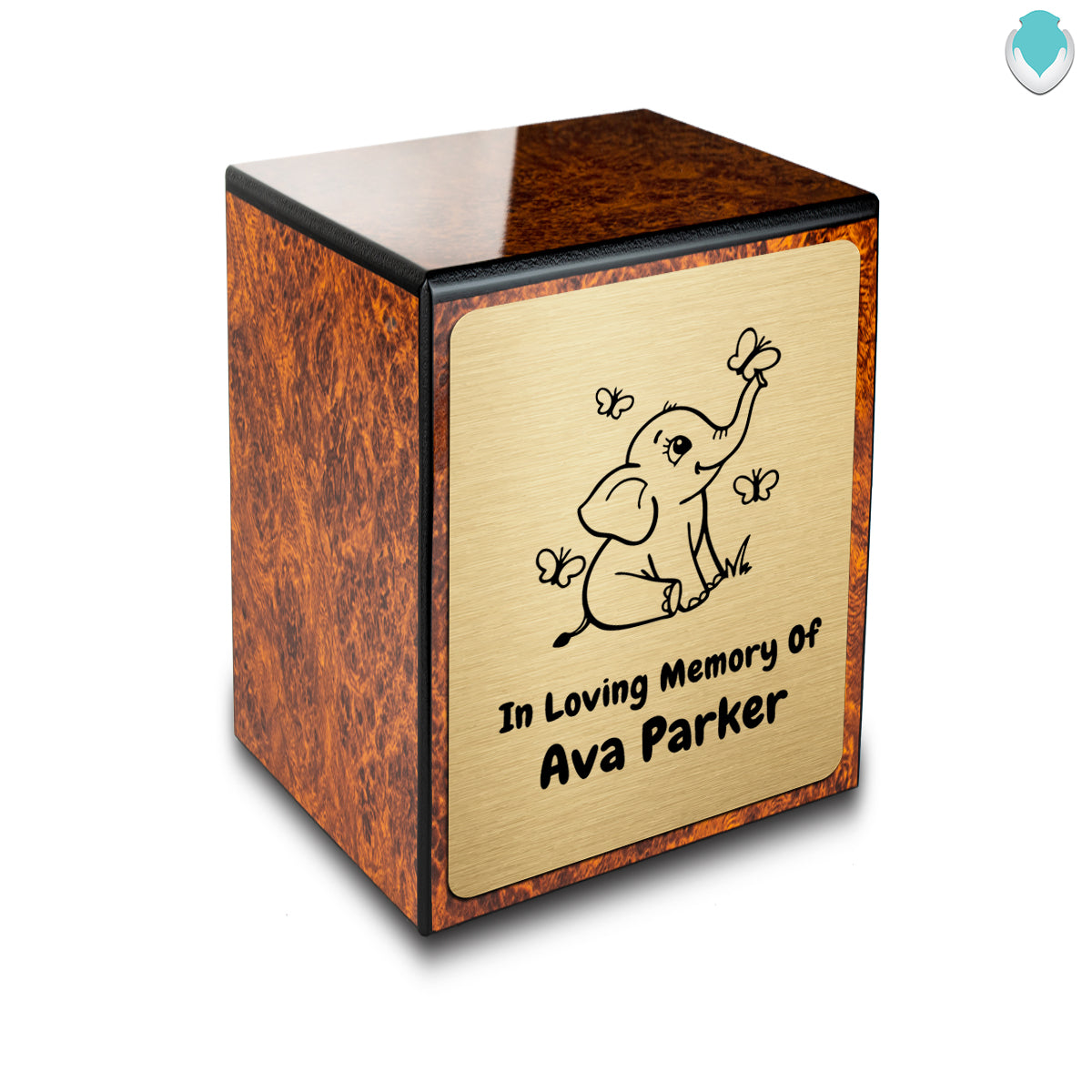 Custom Engraved Heritage Baby Elephant Butterflies Burl Small Cremation Urn Memorial Box for Ashes