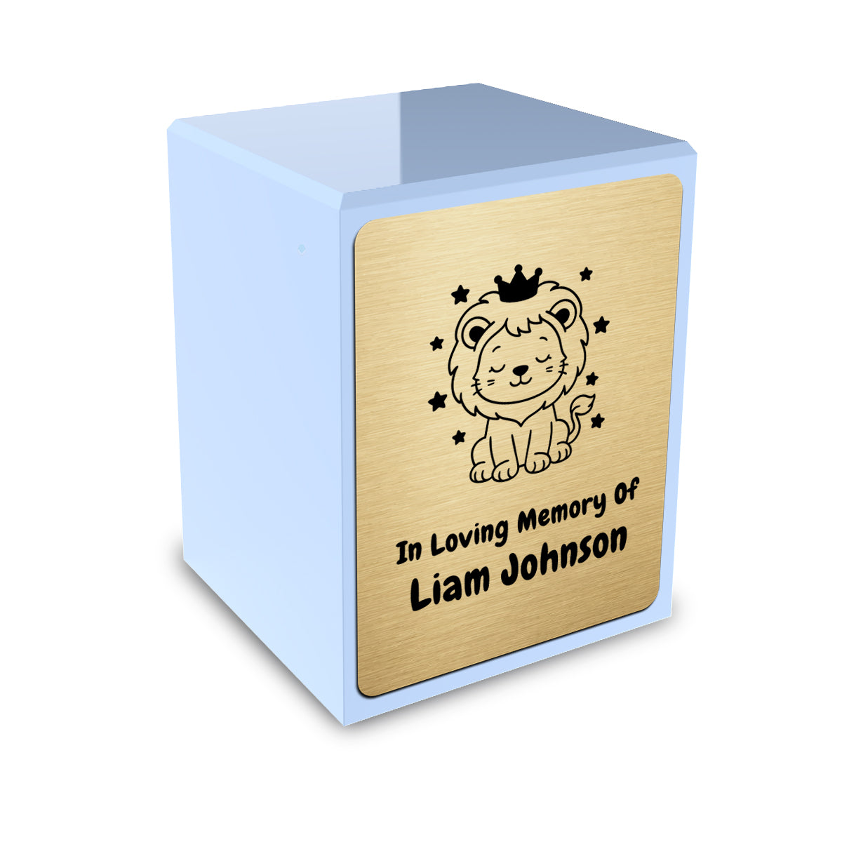 Custom Engraved Heritage Baby Lion Light Blue Small Cremation Urn Memorial Box for Ashes