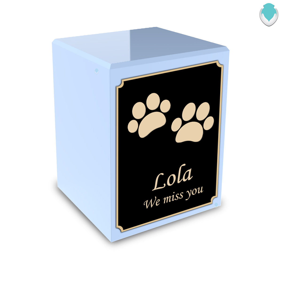 Custom Engraved Heritage Light Blue Colored Walking Paws Printed Small Pet Cremation Urn Memorial Box for Ashes with GetUrns Logo