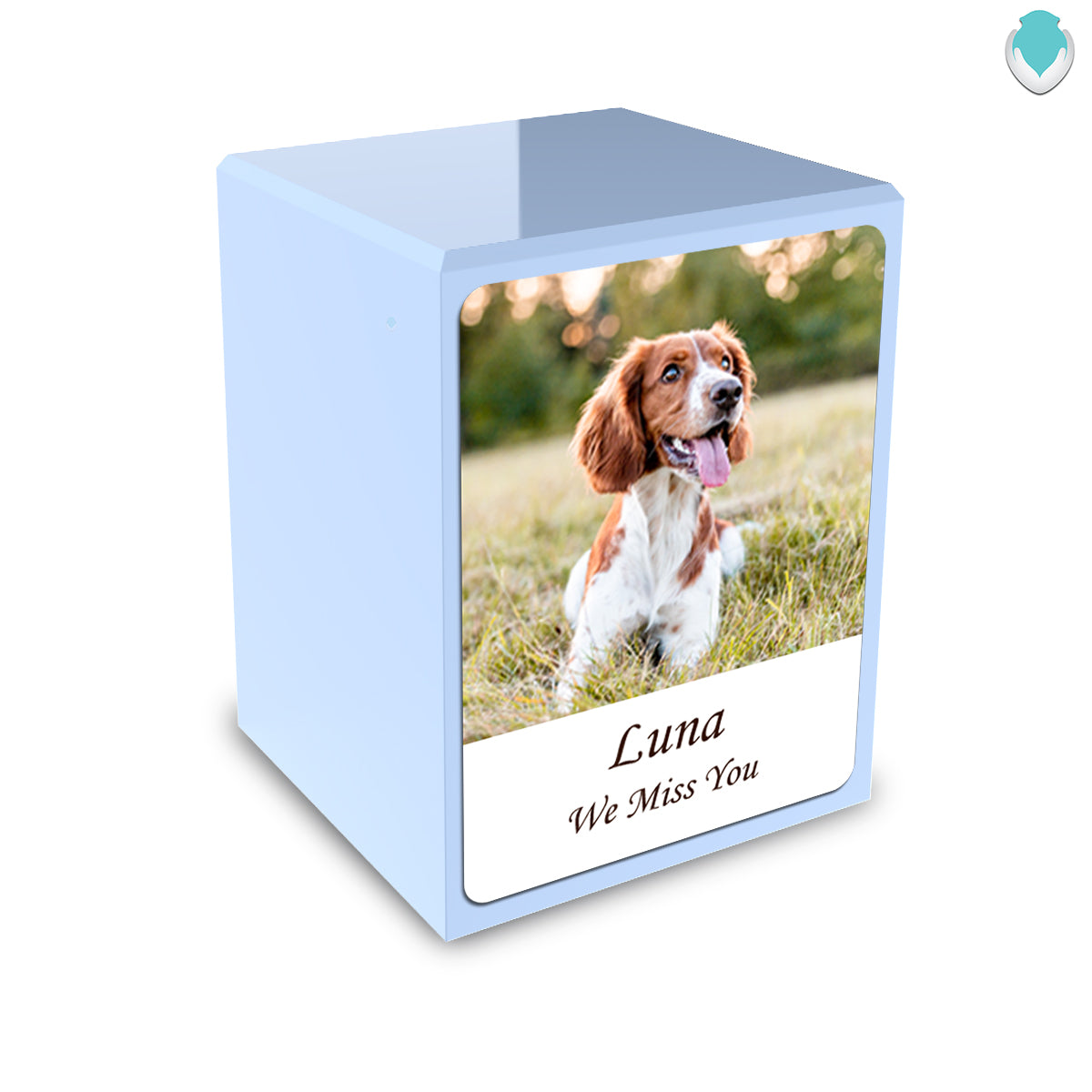 Custom Printed Portrait Small Heritage Light Blue Photo Wood Box Pet Cremation Urn for Ashes