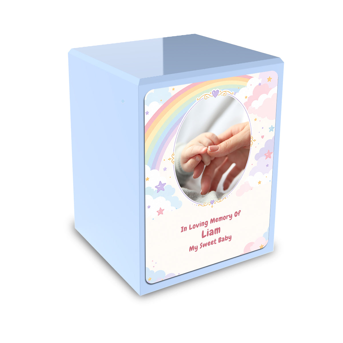 Custom Engraved Heritage Light Blue Rainbow and Clouds Small Child Cremation Urn Memorial Box for Ashes