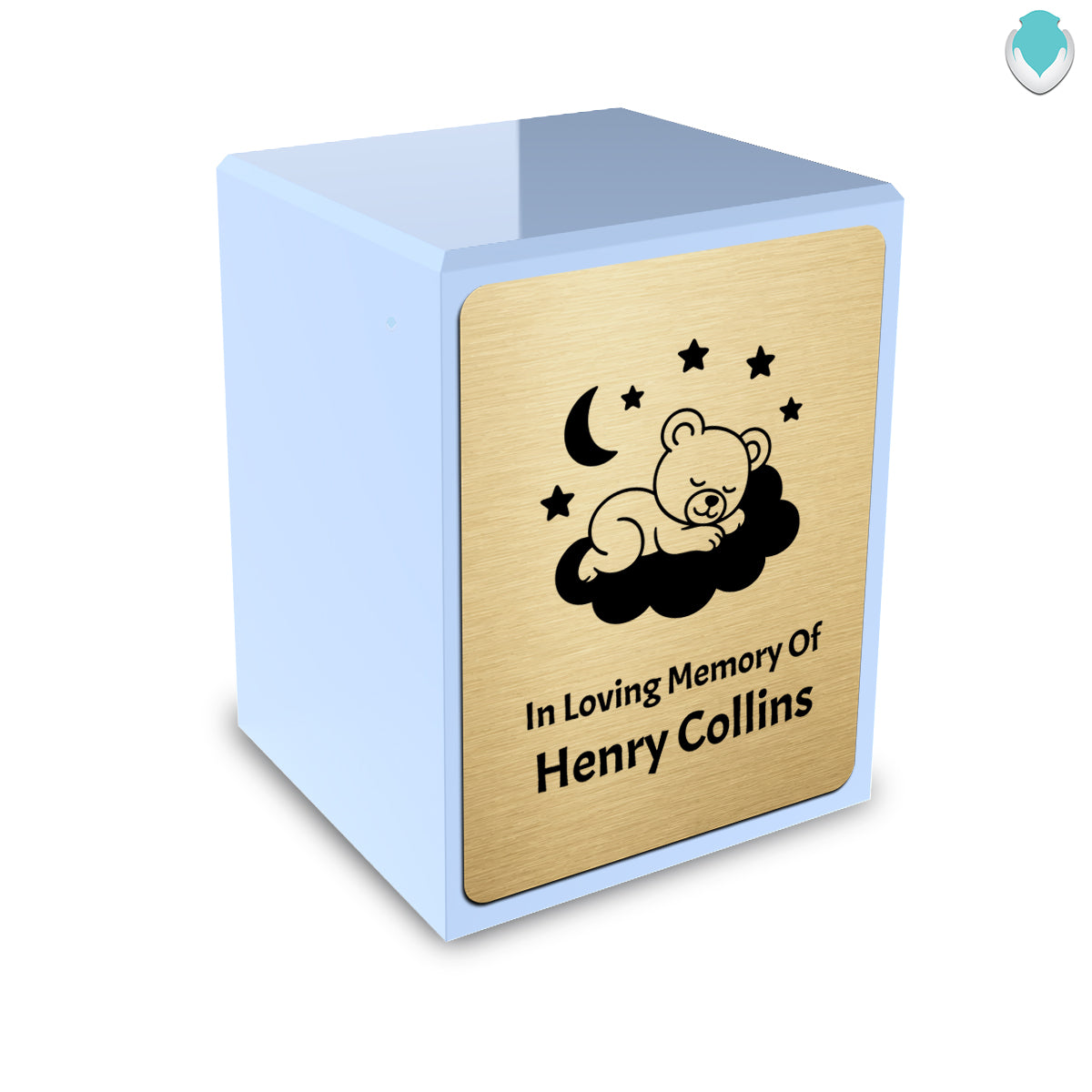 Custom Engraved Heritage Sleeping Teddy Light Blue Small Cremation Urn Memorial Box for Ashes