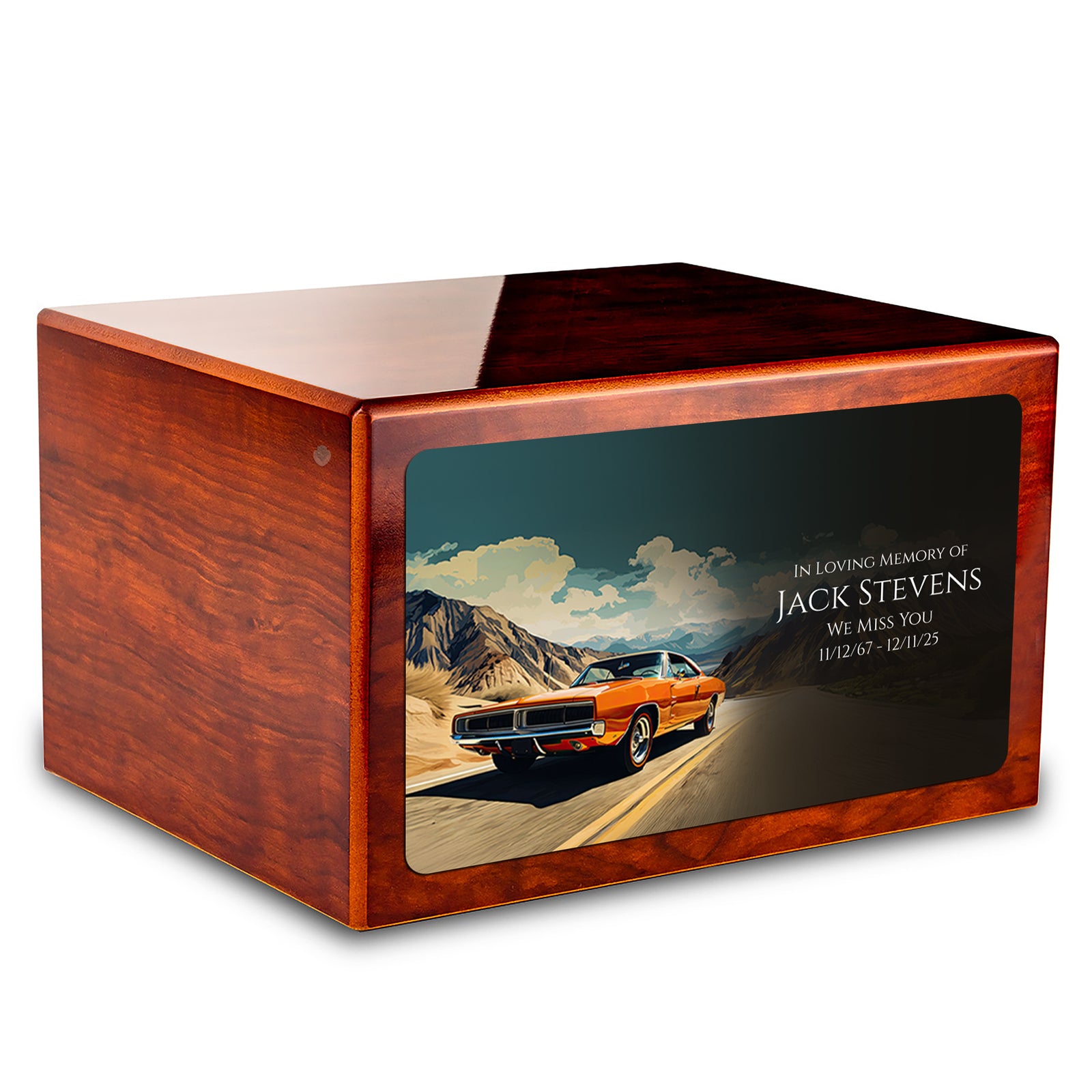 Custom Printed Heritage Rosewood Classic Car Wood Box Cremation Urn