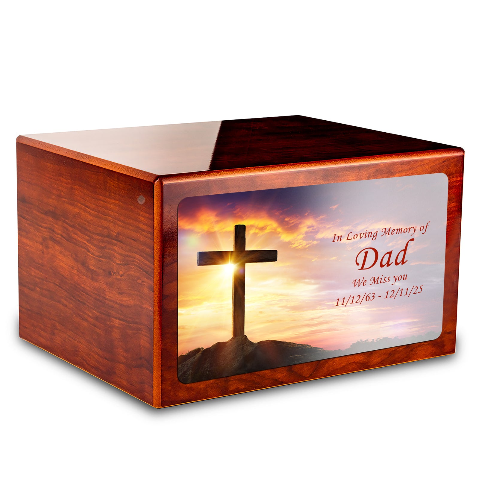 Custom Printed Heritage Rosewood Cross Wood Box Cremation Urn