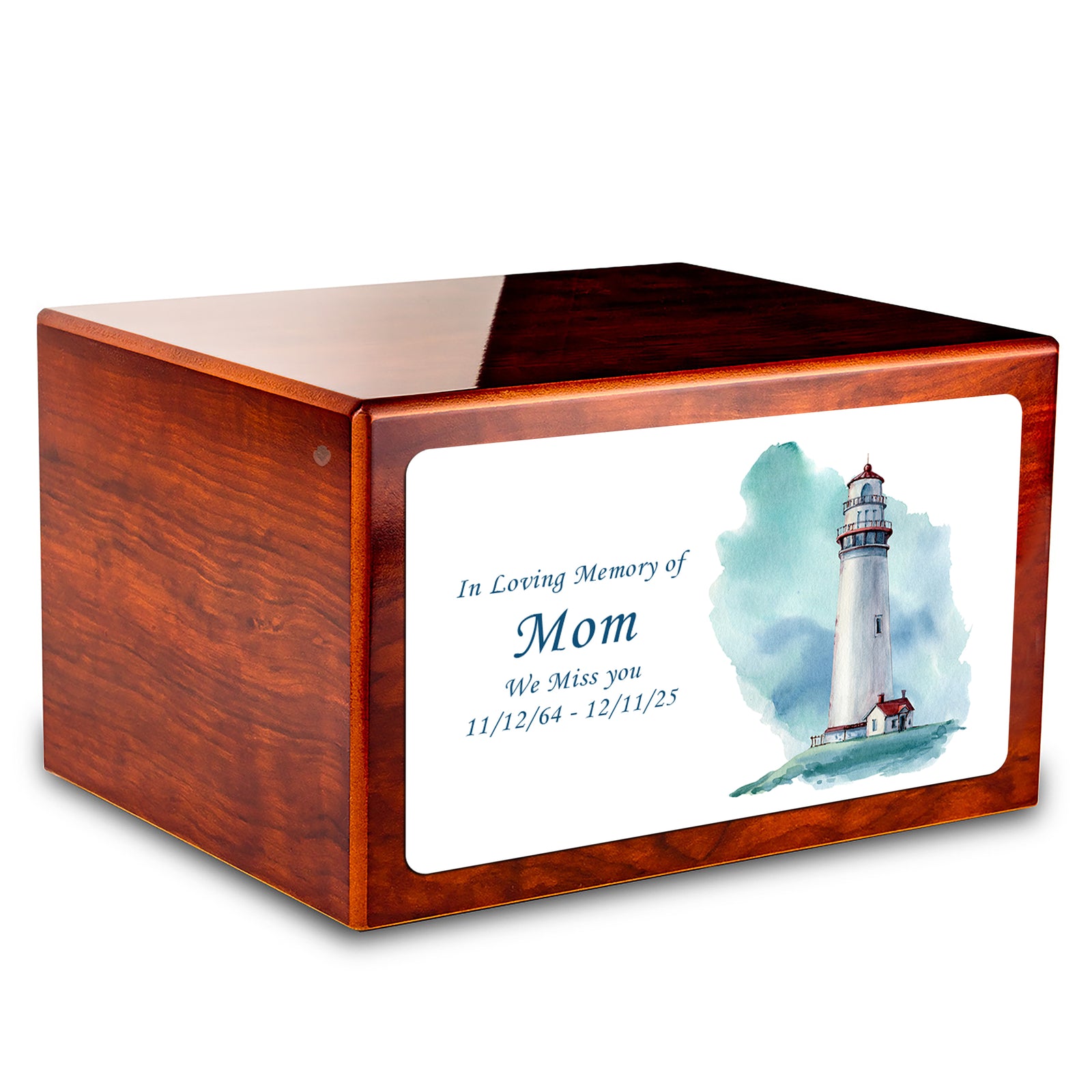 Custom Printed Heritage Rosewood Lighthouse Wood Box Cremation Urn