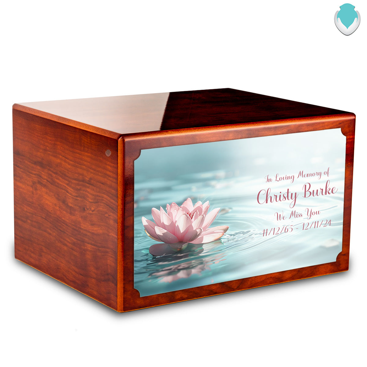 Custom Printed Heritage Rosewood Lotus Flower Wood Box Cremation Urn