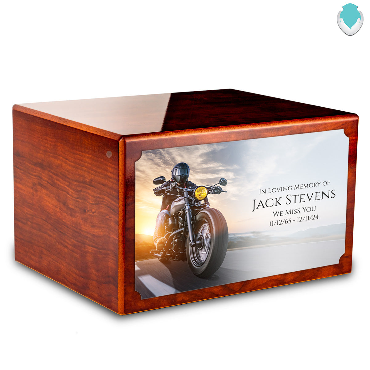 Custom Printed Heritage Rosewood Motorcycle Wood Box Cremation Urn