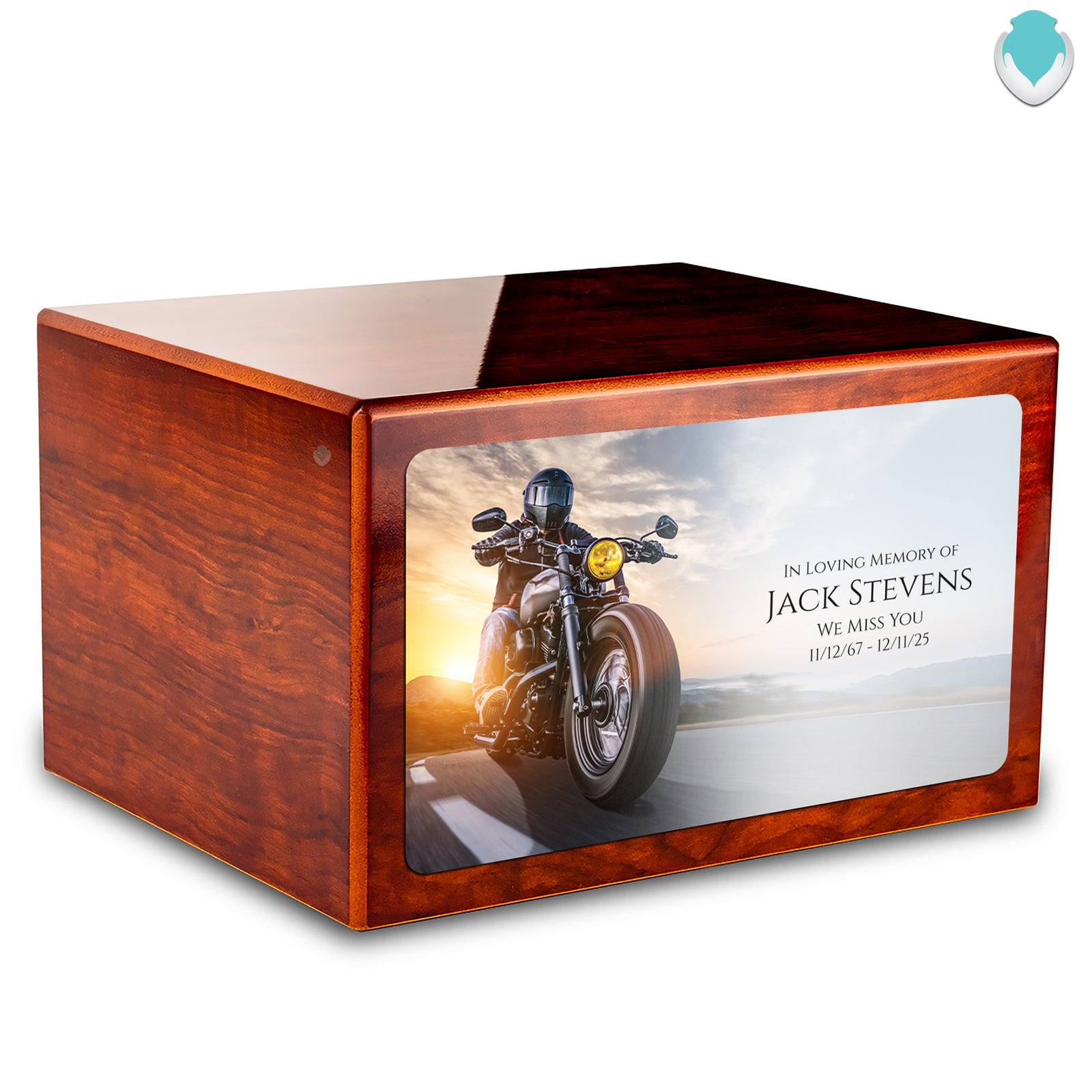 Custom Printed Heritage Rosewood Motorcycle Wood Box Cremation Urn