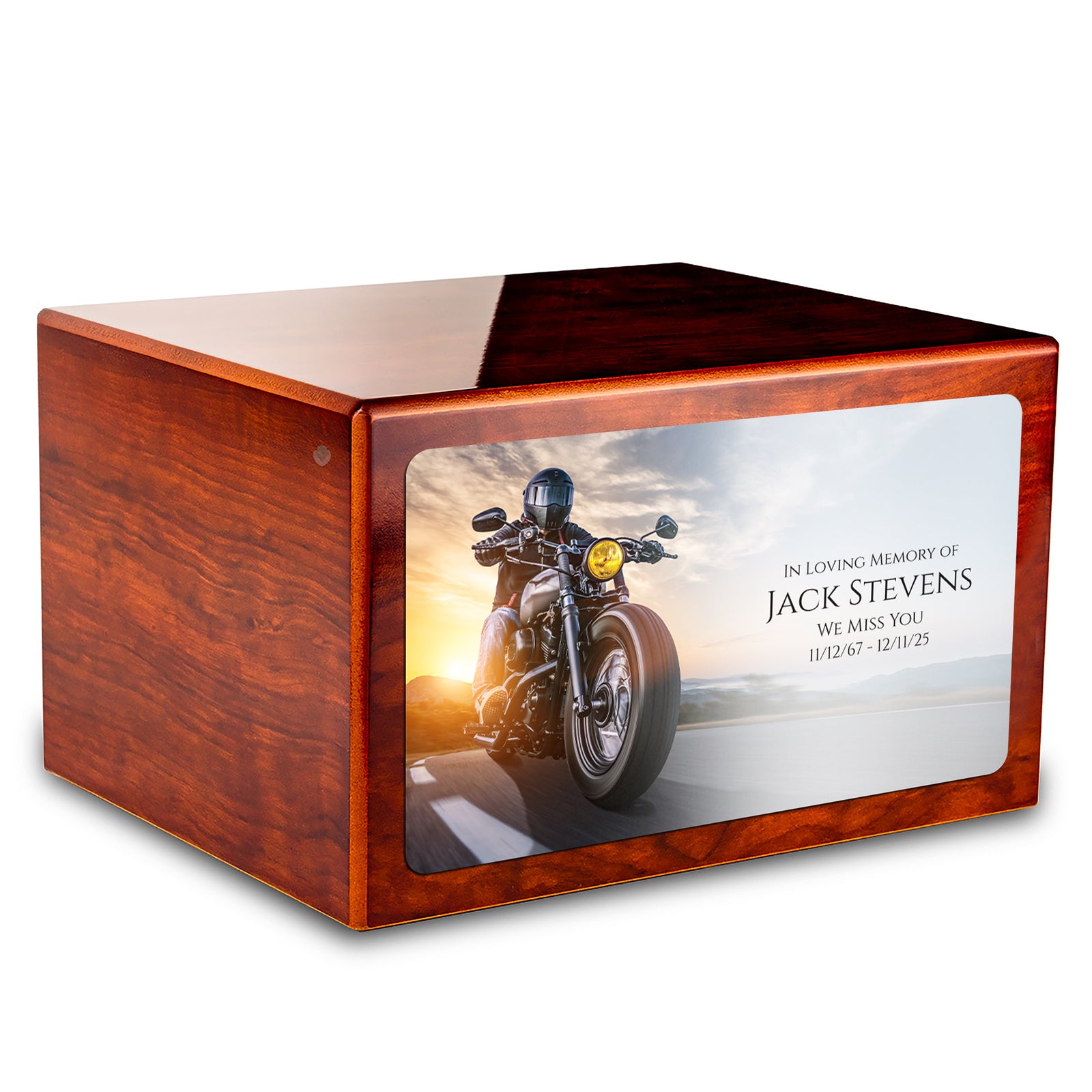 Custom Printed Heritage Rosewood Motorcycle Wood Box Cremation Urn