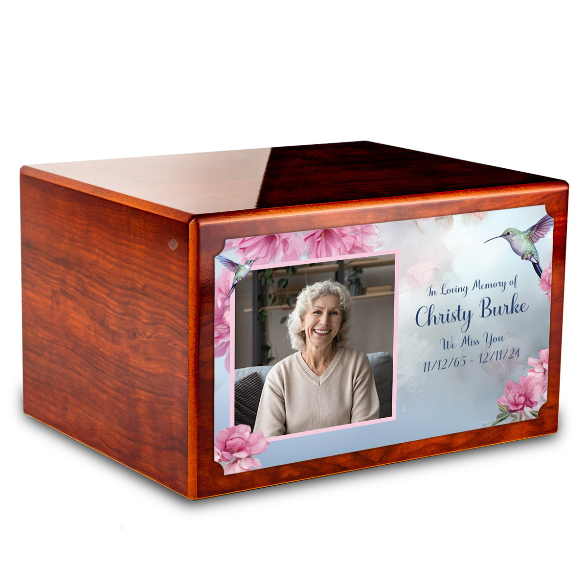 Custom Printed Heritage Rosewood Photo Hummingbird Wood Box Cremation Urn