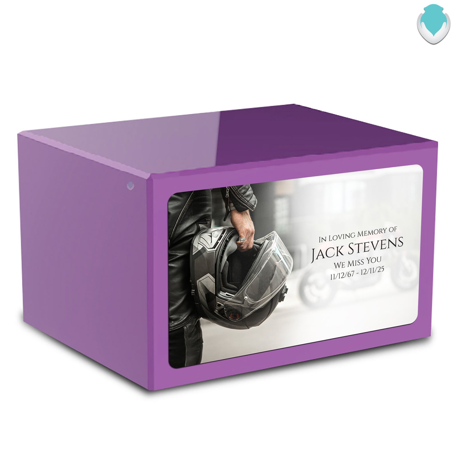 Custom Printed Heritage Purple Motorcycle Helmet Wood Cremation Urn Box