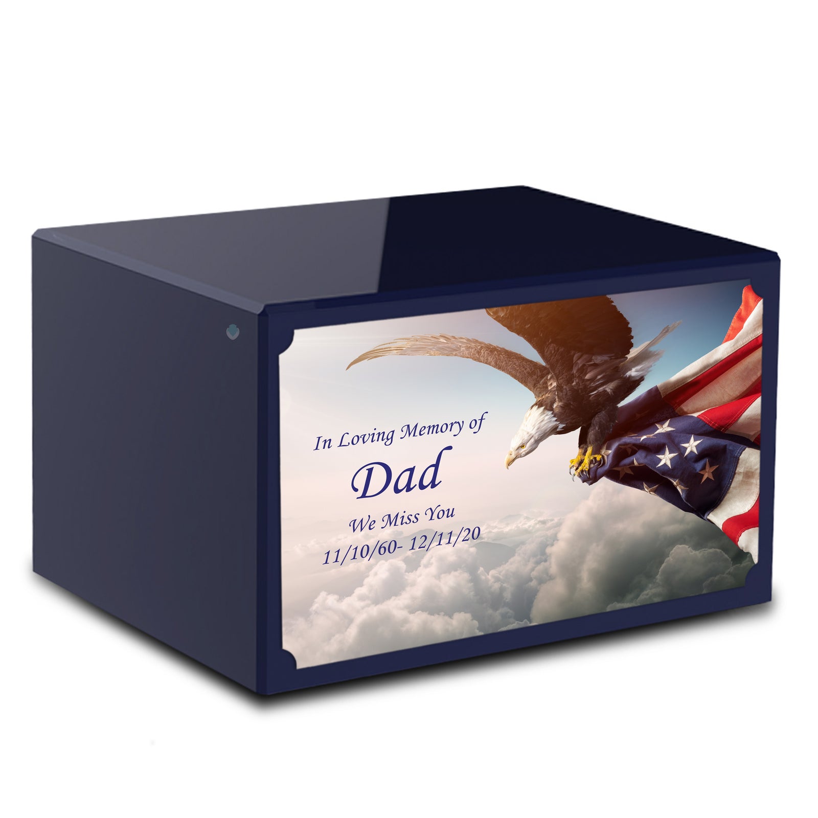 Custom Printed Heritage Navy Blue American Eagle Wood Box Cremation Urn