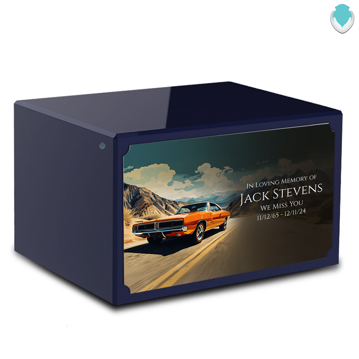 Custom Printed Heritage Navy Blue Classic Car Wood Box Cremation Urn