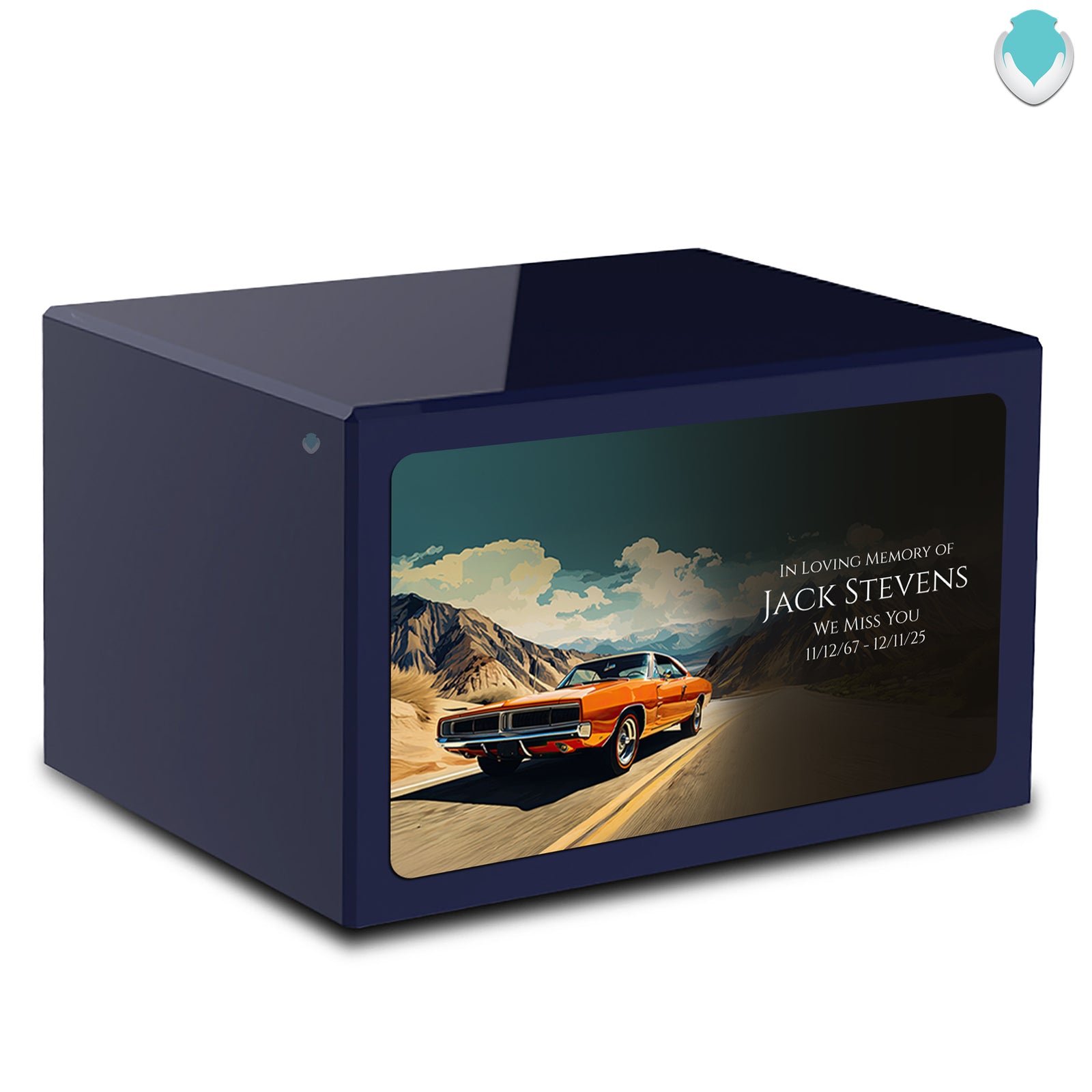 Custom Printed Heritage Navy Blue Classic Car Wood Box Cremation Urn