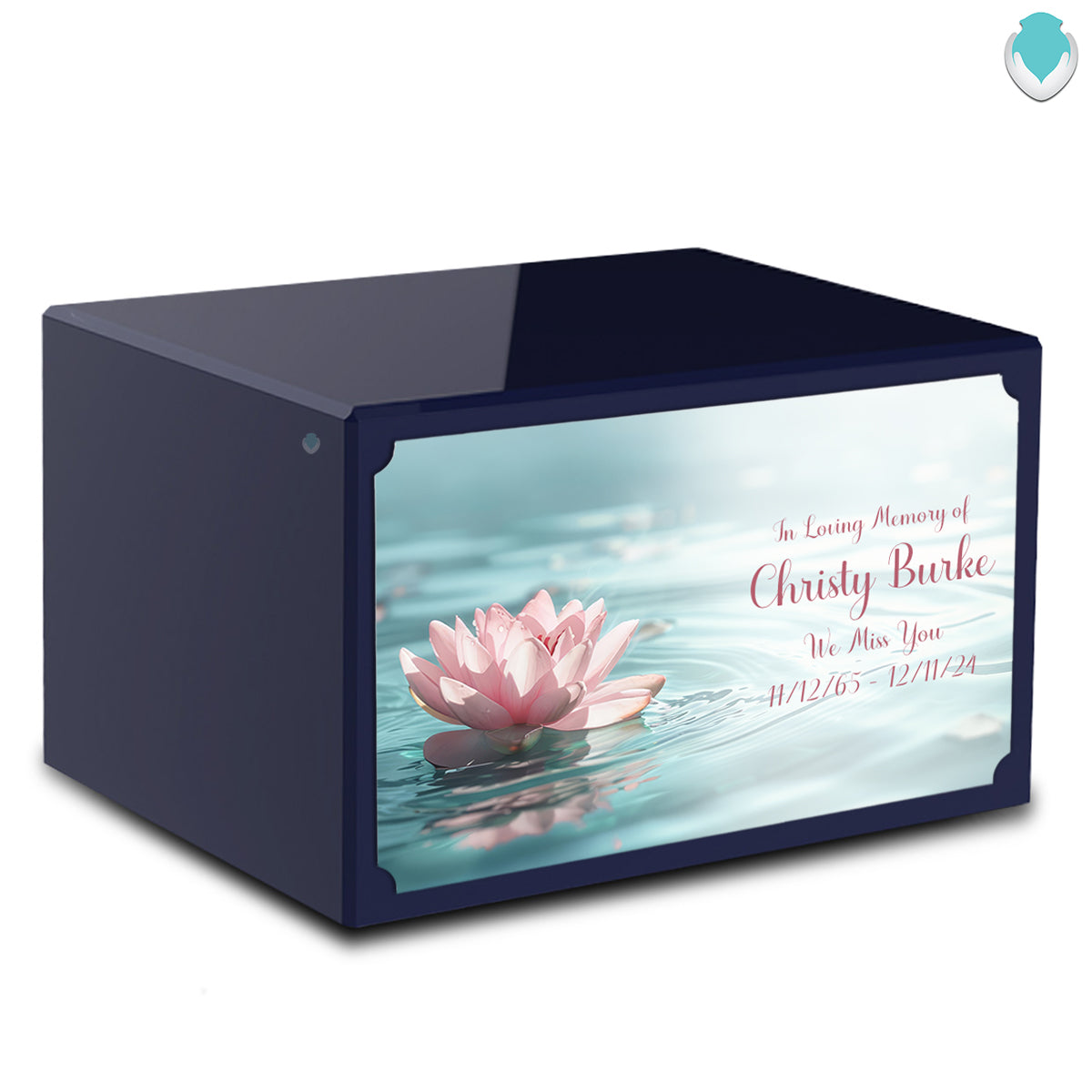 Custom Printed Heritage Navy Blue Lotus Flower Wood Box Cremation Urn