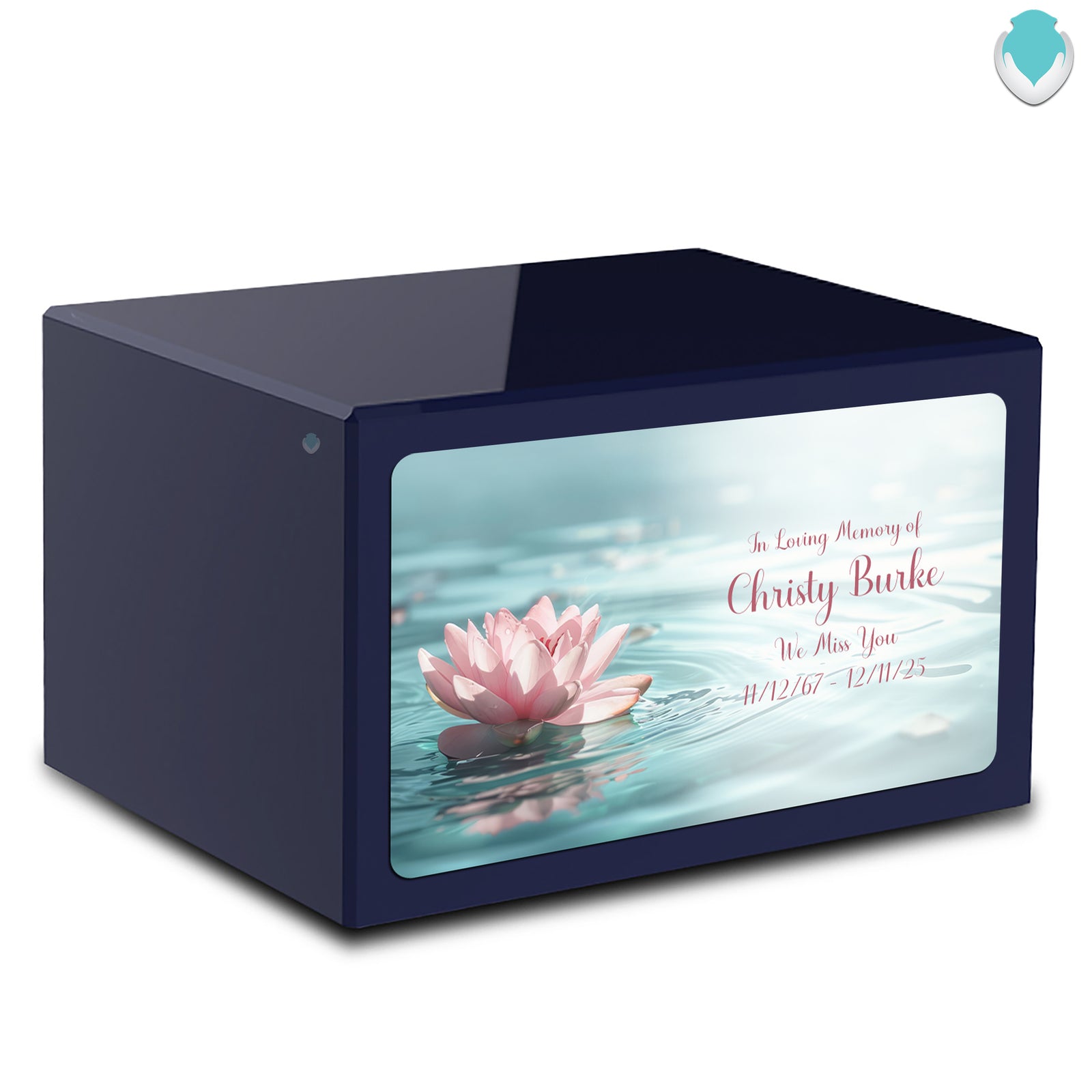 Custom Printed Heritage Navy Blue Lotus Flower Wood Box Cremation Urn