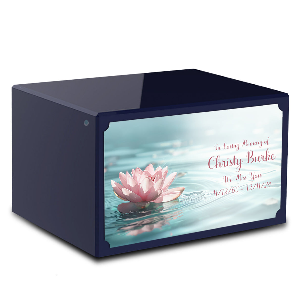 Custom Printed Heritage Navy Blue Lotus Flower Wood Box Cremation Urn